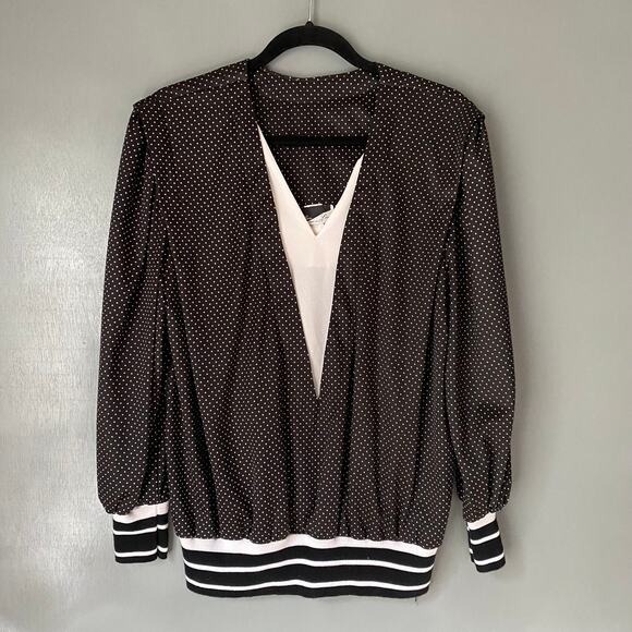 VINTAGE Leni Leni Women's 16 Black White Polka Dot Secretary Blouse Stretch - Picture 1 of 8